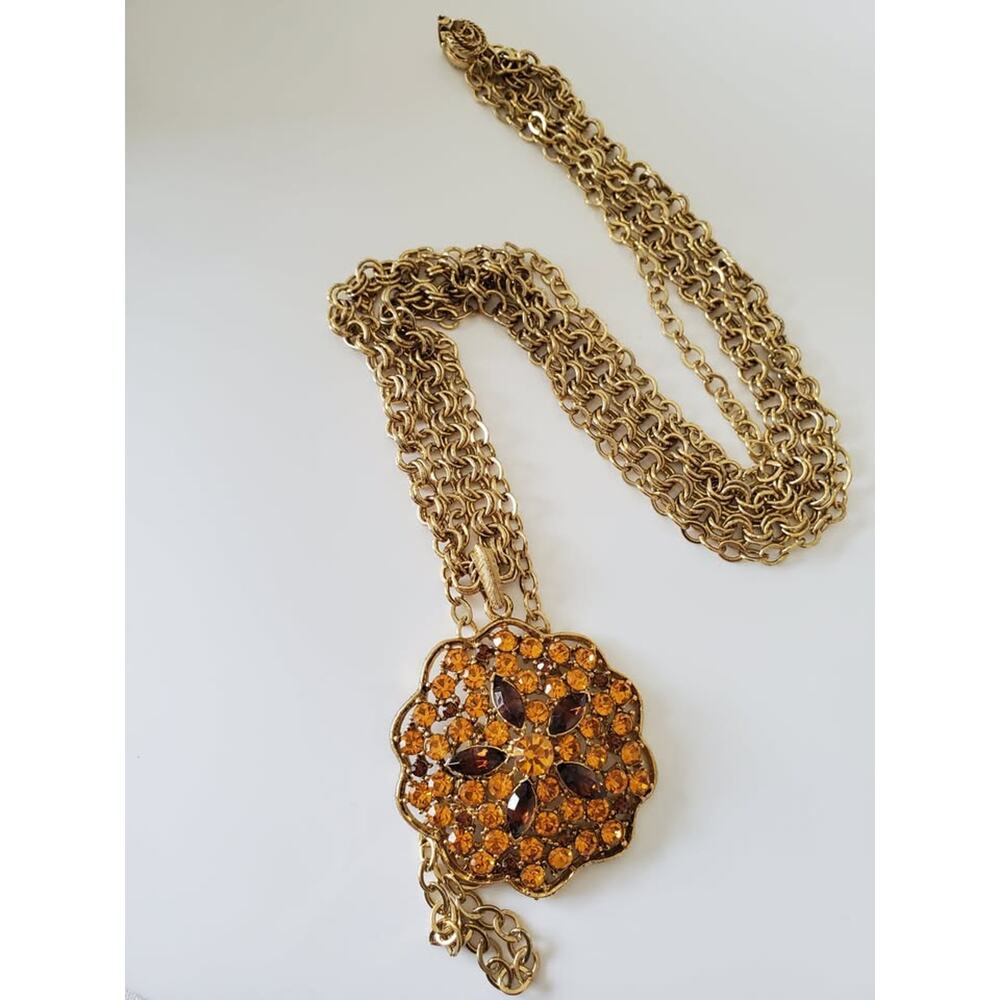 Vintage Orange and Amber Rhinestone Double Strand 30 in Necklace